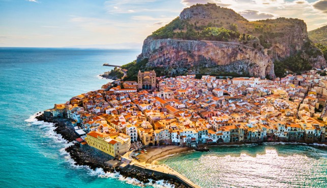 Drone view of Cefalu at sunset, Sicily island